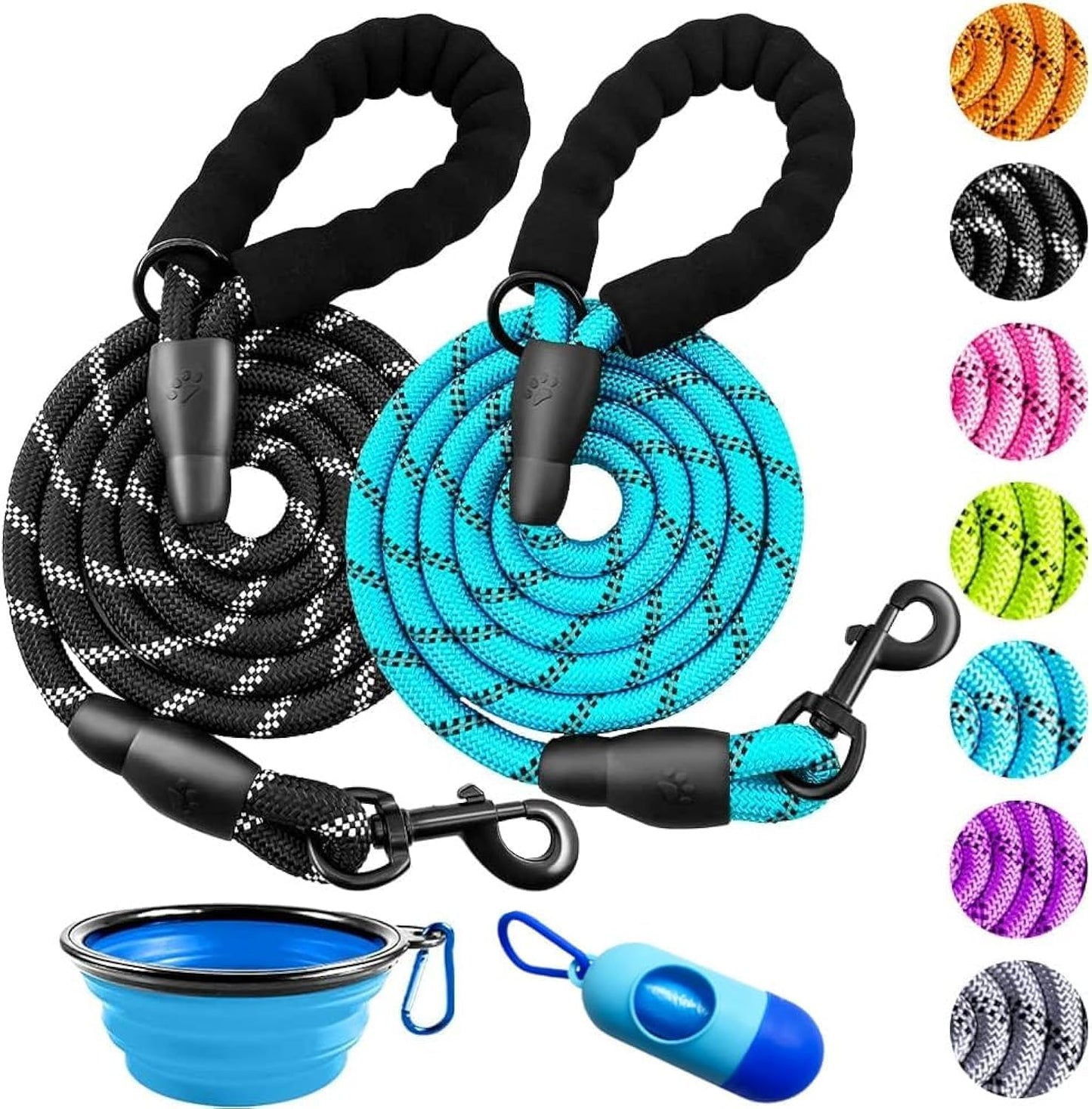 Durable Reflective Nylon Rope Dog Leash - 2 Pack with Collapsible Pet Bowl & Garbage Bags