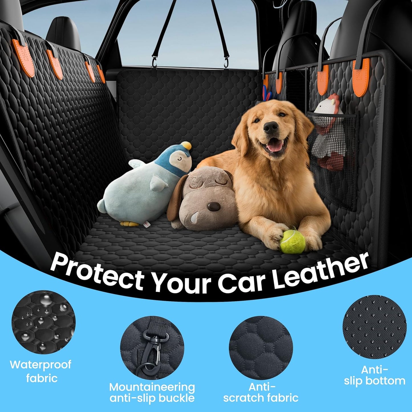 Heavy-Duty Dog Car Seat Cover & Hammock – Waterproof, Hard Bottom, 400lb Support for Trucks, SUVs, & Cars