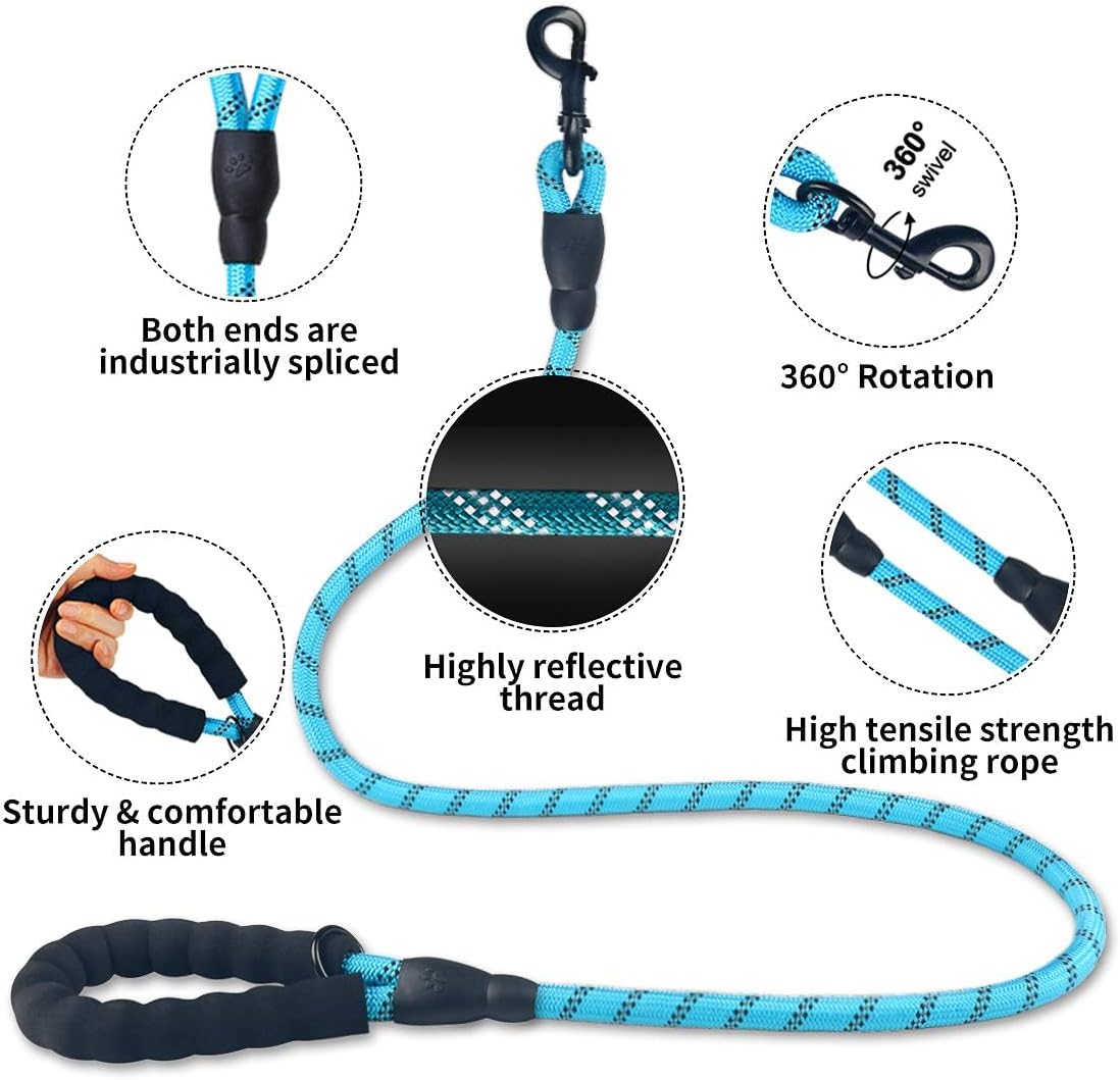 Durable Reflective Nylon Rope Dog Leash - 2 Pack with Collapsible Pet Bowl & Garbage Bags
