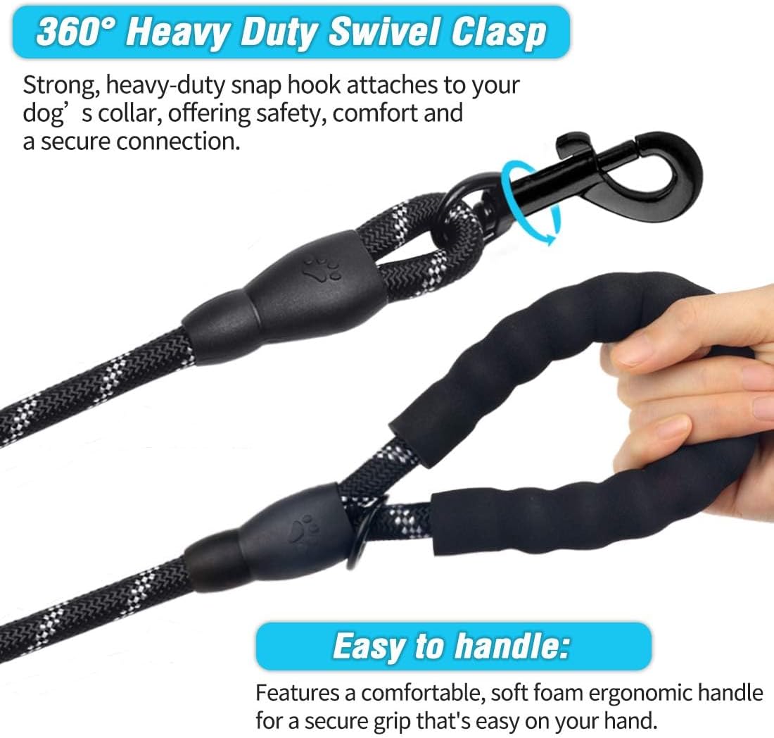 Durable Reflective Nylon Rope Dog Leash - 2 Pack with Collapsible Pet Bowl & Garbage Bags