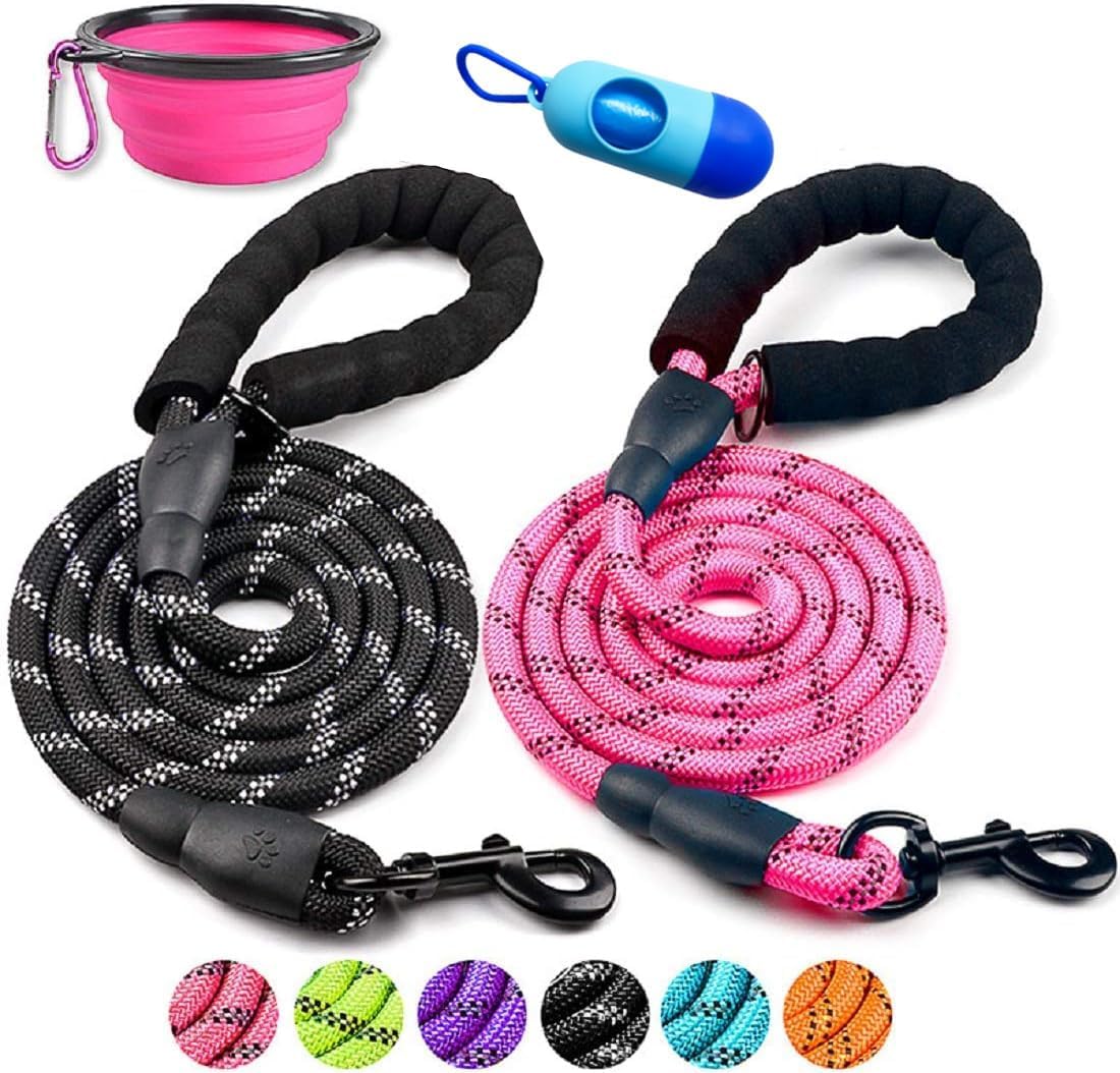 Durable Reflective Nylon Rope Dog Leash - 2 Pack with Collapsible Pet Bowl & Garbage Bags