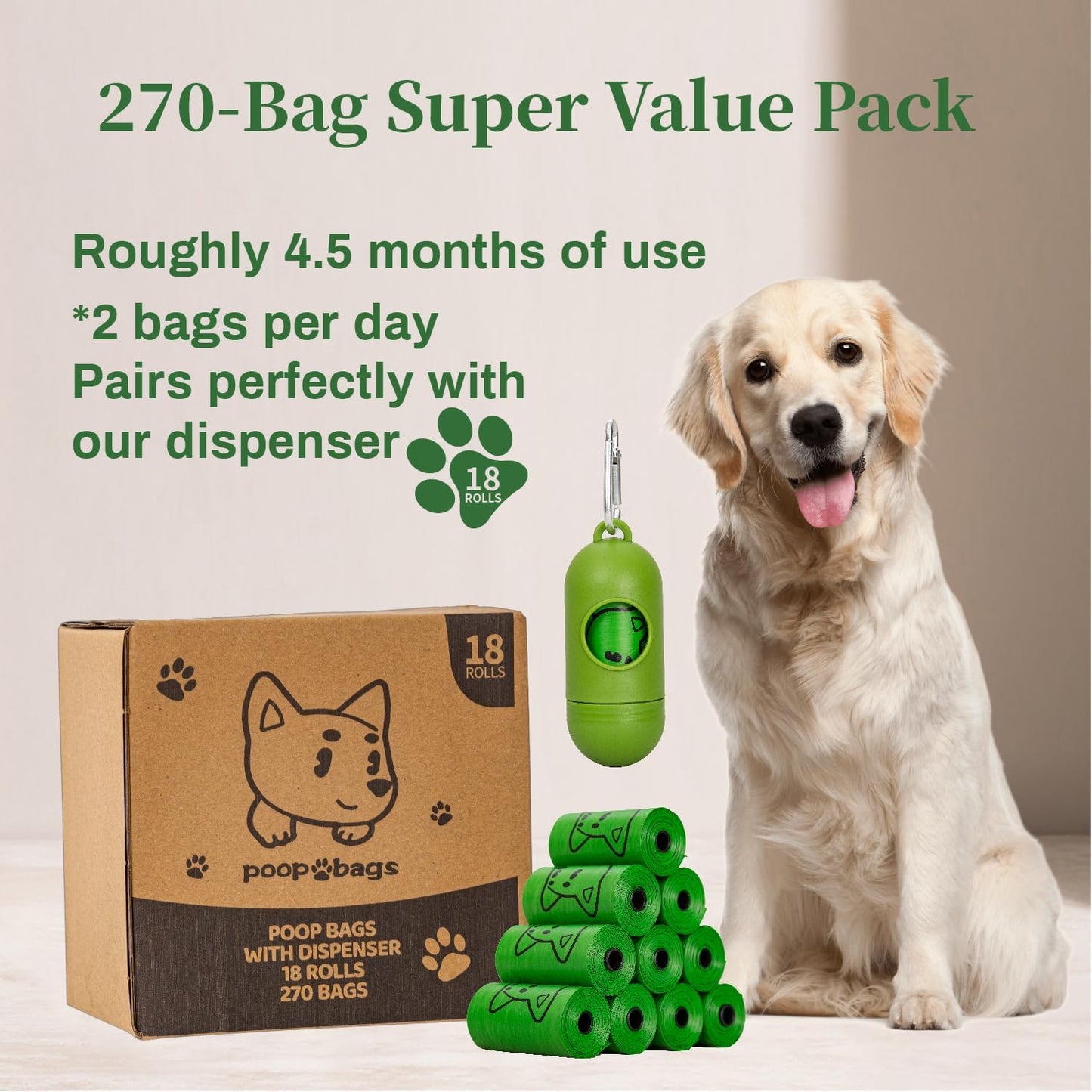 Dog Poop Bags with Free Dispenser & Leash Clip (270 Count, Scented, Leak-Proof)