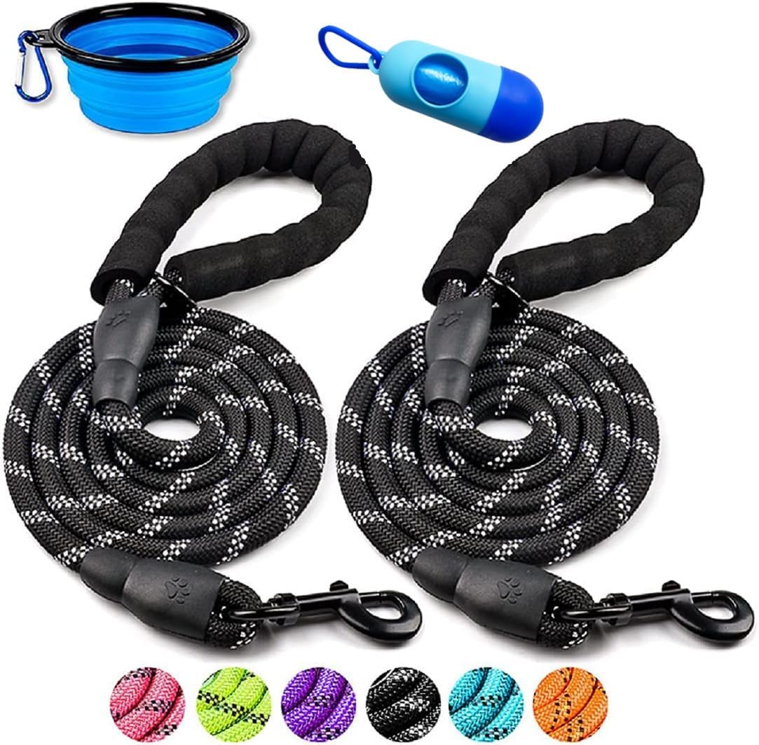 Durable Reflective Nylon Rope Dog Leash - 2 Pack with Collapsible Pet Bowl & Garbage Bags