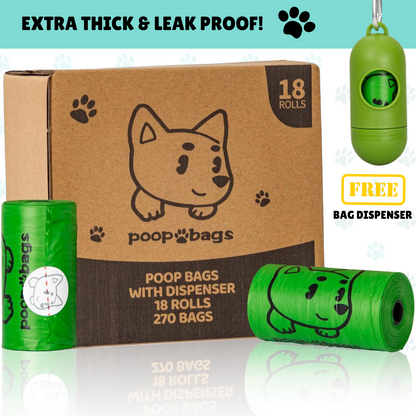 Dog Poop Bags with Free Dispenser & Leash Clip (270 Count, Scented, Leak-Proof)